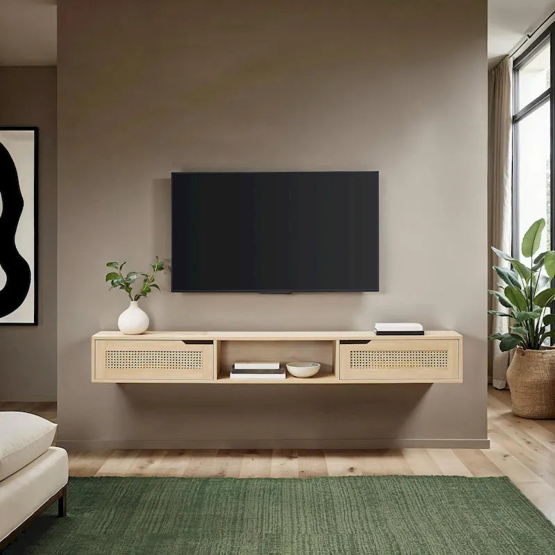 Meuble TV suspendu de 70 pouces avec portes en similicuir de rotin
