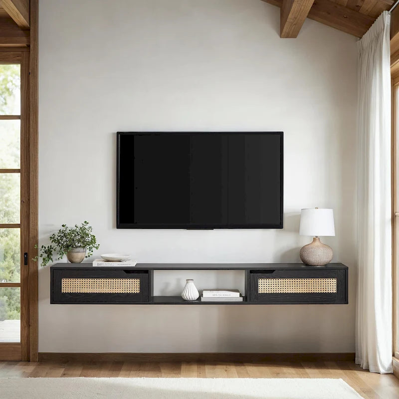 Meuble TV suspendu de 70 pouces avec portes en similicuir de rotin