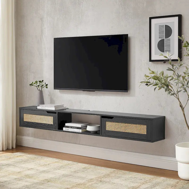 Meuble TV suspendu de 70 pouces avec portes en similicuir de rotin