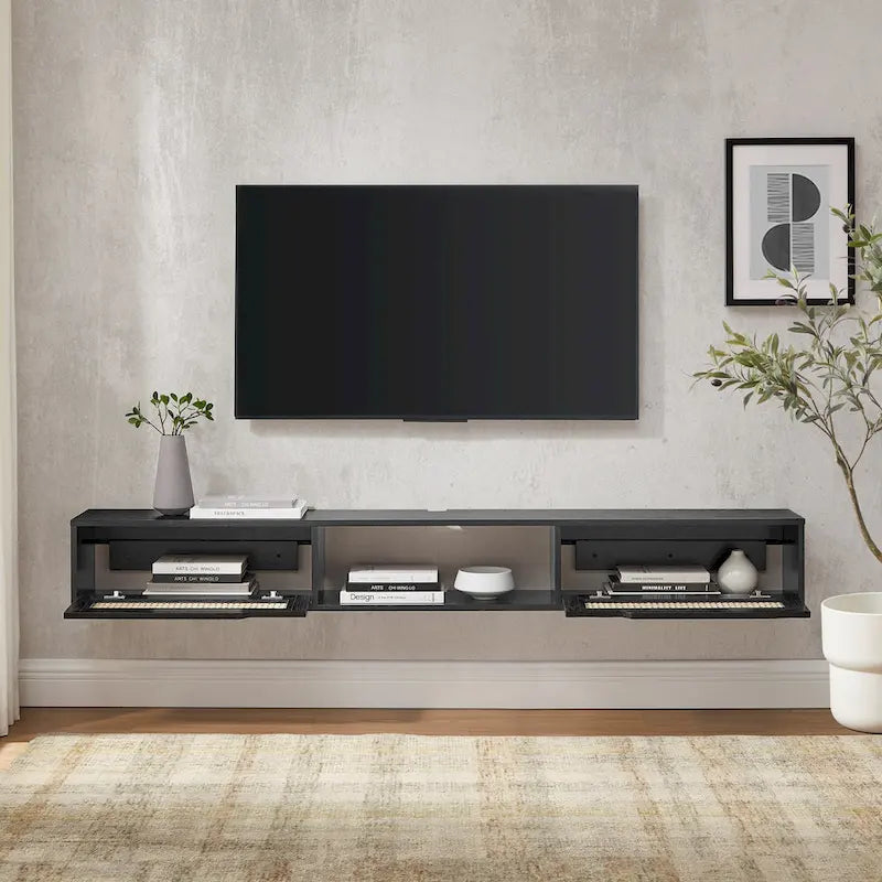 Meuble TV suspendu de 70 pouces avec portes en similicuir de rotin