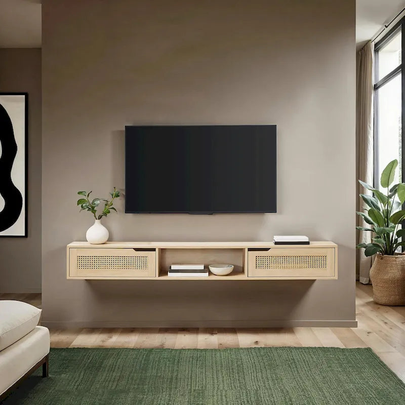 Meuble TV suspendu de 70 pouces avec portes en similicuir de rotin
