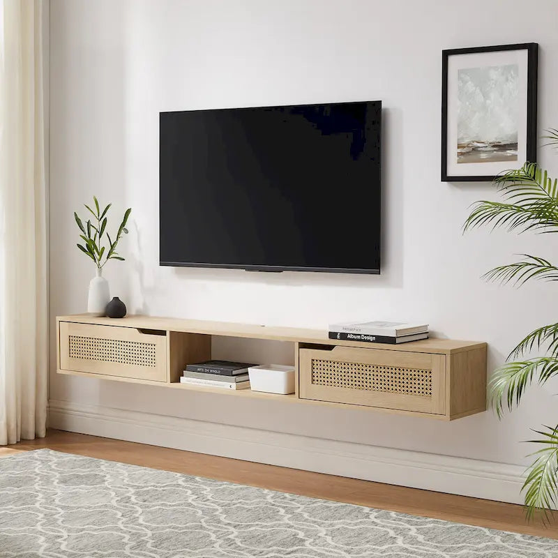 Meuble TV suspendu de 70 pouces avec portes en similicuir de rotin