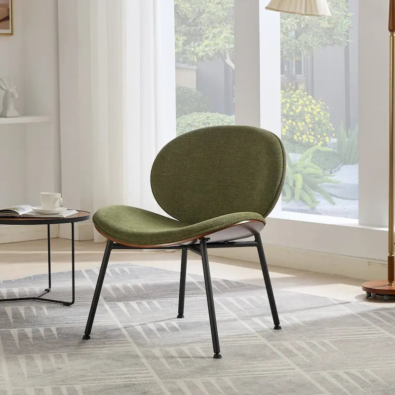 Chaise Coque Mid-Century Moderne Chaise d'appoint Piétement Trépied en Cuir Noir Fauteuil de Salon Finition Noyer Dossier Confortable