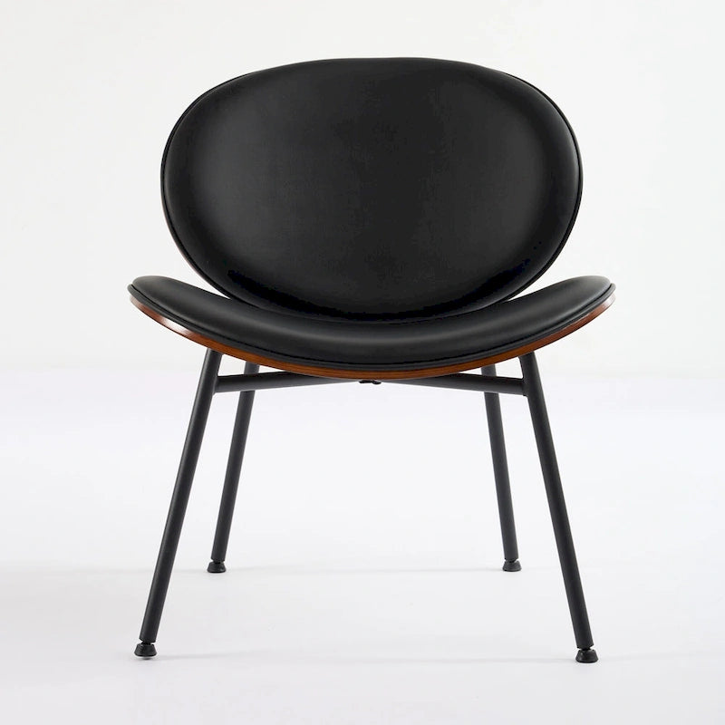 Chaise Coque Mid-Century Moderne Chaise d'appoint Piétement Trépied en Cuir Noir Fauteuil de Salon Finition Noyer Dossier Confortable