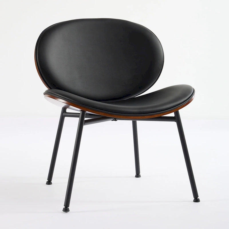 Chaise Coque Mid-Century Moderne Chaise d'appoint Piétement Trépied en Cuir Noir Fauteuil de Salon Finition Noyer Dossier Confortable