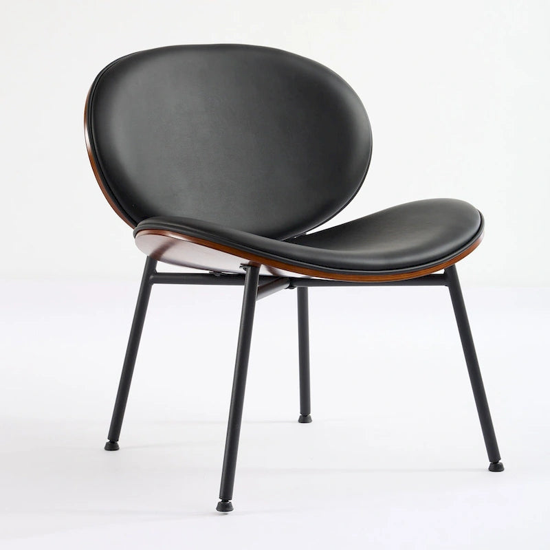 Chaise Coque Mid-Century Moderne Chaise d'appoint Piétement Trépied en Cuir Noir Fauteuil de Salon Finition Noyer Dossier Confortable