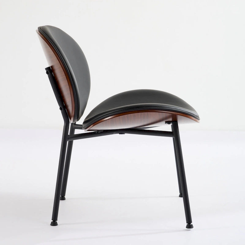 Chaise Coque Mid-Century Moderne Chaise d'appoint Piétement Trépied en Cuir Noir Fauteuil de Salon Finition Noyer Dossier Confortable