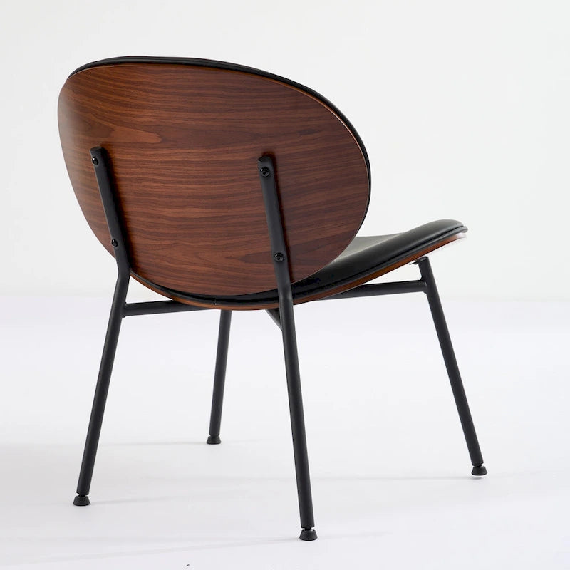 Chaise Coque Mid-Century Moderne Chaise d'appoint Piétement Trépied en Cuir Noir Fauteuil de Salon Finition Noyer Dossier Confortable