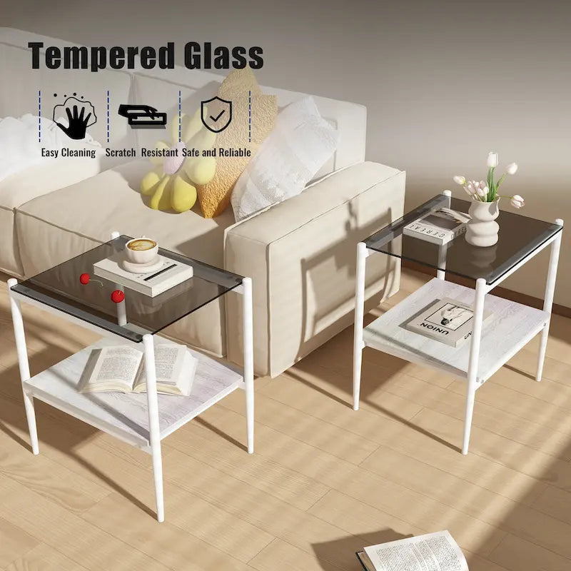 Ensemble de 3 tables basses et tables d'appoint, Table en verre trempé avec couche en MDF, Tables modernes pour salon, Verre gris