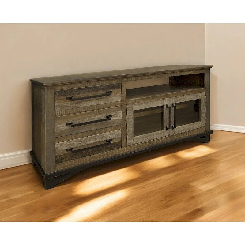 Meuble TV en bois massif marron vieilli avec rangements fermés - 155,5 cm x 81 cm x 45 cm