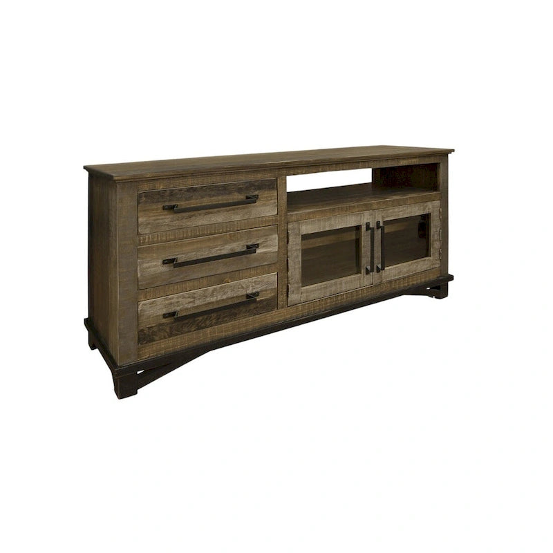 Meuble TV en bois massif marron vieilli avec rangements fermés - 155,5 cm x 81 cm x 45 cm