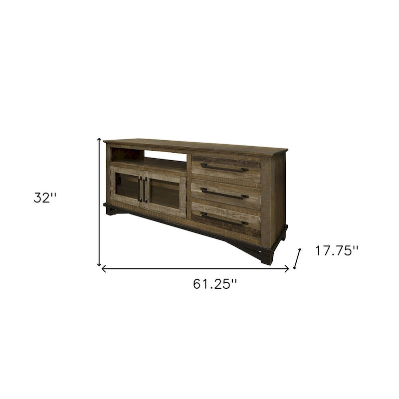 Meuble TV en bois massif marron vieilli avec rangements fermés - 155,5 cm x 81 cm x 45 cm