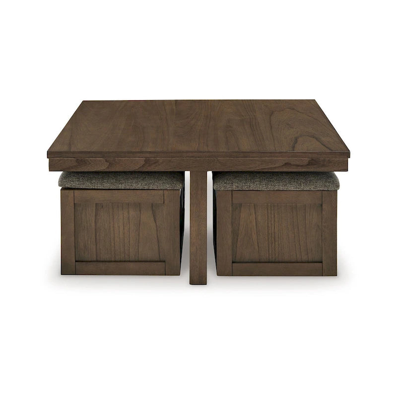 Table basse et ensemble de 4 tabourets gigognes, bois marron, dessus en polyester