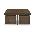 Table basse et ensemble de 4 tabourets gigognes, bois marron, dessus en polyester