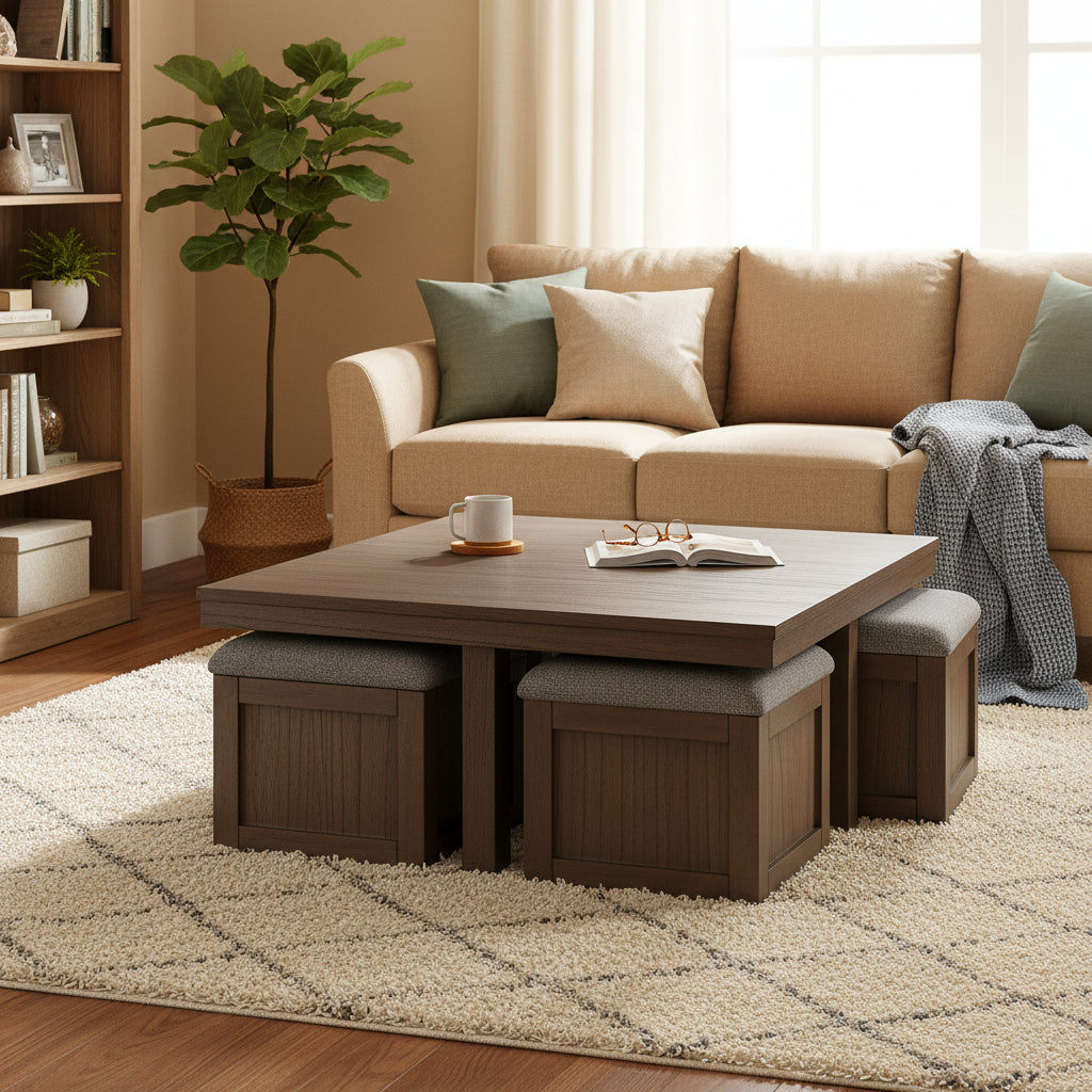 Table basse et ensemble de 4 tabourets gigognes, bois marron, dessus en polyester