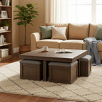 Table basse et ensemble de 4 tabourets gigognes, bois marron, dessus en polyester