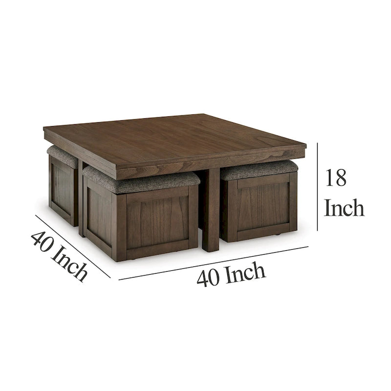 Table basse et ensemble de 4 tabourets gigognes, bois marron, dessus en polyester