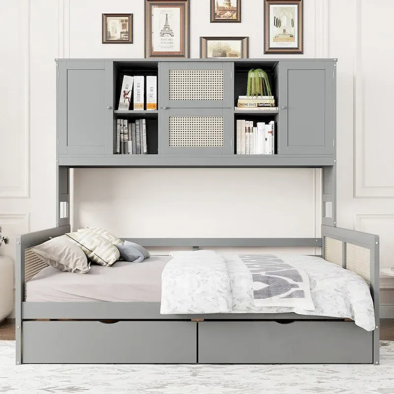 Lit de repos en bois avec 2 tiroirs, armoire et étagère tout-en-un
