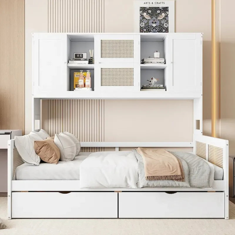 Lit de repos en bois avec 2 tiroirs, armoire et étagère tout-en-un