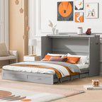 Lit mural Queen Size escamotable avec tiroir, prises de courant et ports USB, conception à structure de poulie