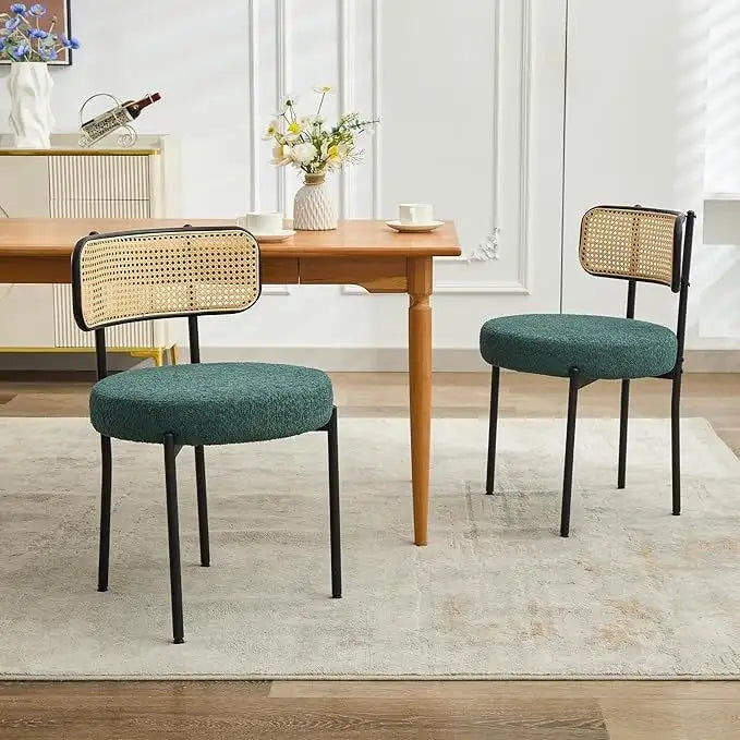 Chaises de salle à manger modernes du milieu du siècle, chaise d'appoint en métal recouverte de bouclette avec dossier en rotin cannage, lot de 2