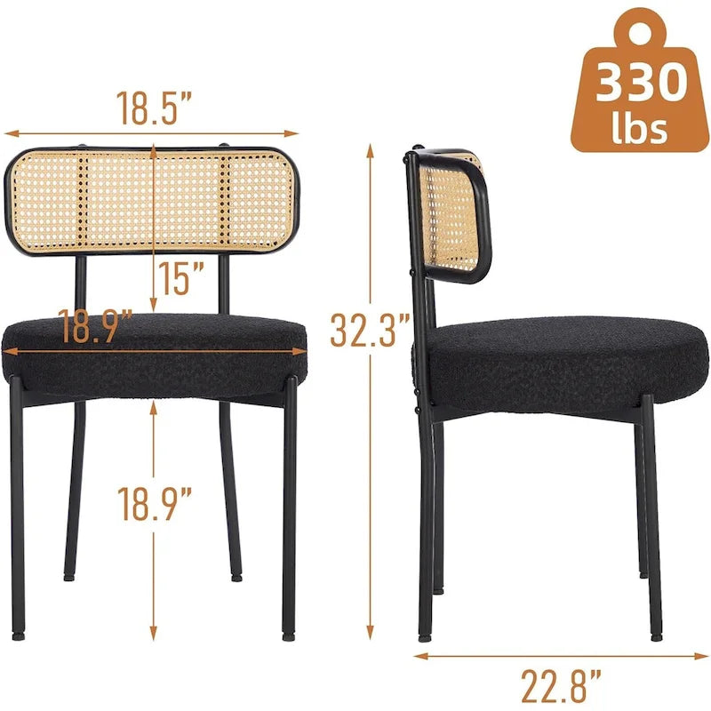 Chaises de salle à manger modernes du milieu du siècle, chaise d'appoint en métal recouverte de bouclette avec dossier en rotin cannage, lot de 2