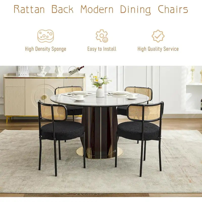 Chaises de salle à manger modernes du milieu du siècle, chaise d'appoint en métal recouverte de bouclette avec dossier en rotin cannage, lot de 2