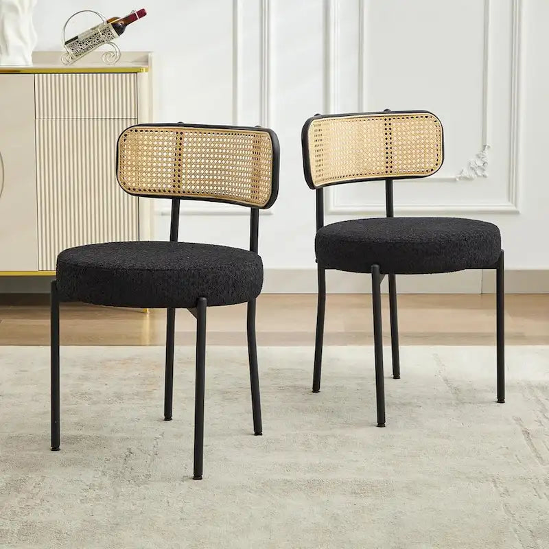 Chaises de salle à manger modernes du milieu du siècle, chaise d'appoint en métal recouverte de bouclette avec dossier en rotin cannage, lot de 2