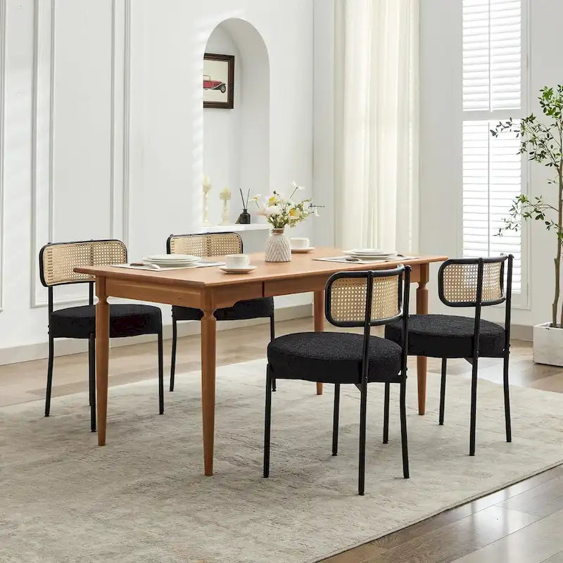 Chaises de salle à manger modernes du milieu du siècle, chaise d'appoint en métal recouverte de bouclette avec dossier en rotin cannage, lot de 2