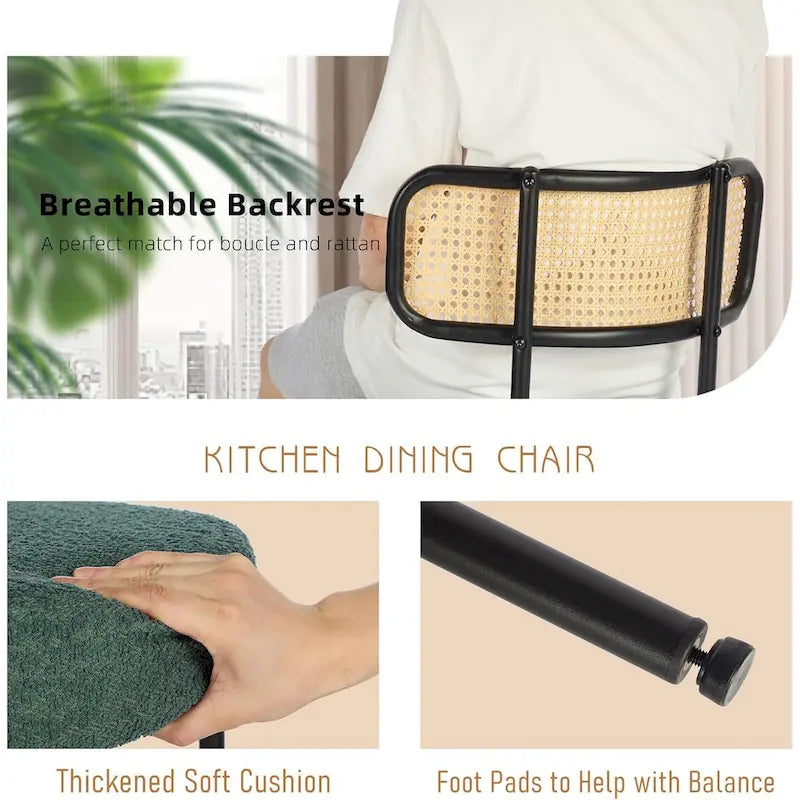 Chaises de salle à manger modernes du milieu du siècle, chaise d'appoint en métal recouverte de bouclette avec dossier en rotin cannage, lot de 2