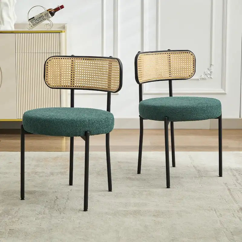 Chaises de salle à manger modernes du milieu du siècle, chaise d'appoint en métal recouverte de bouclette avec dossier en rotin cannage, lot de 2