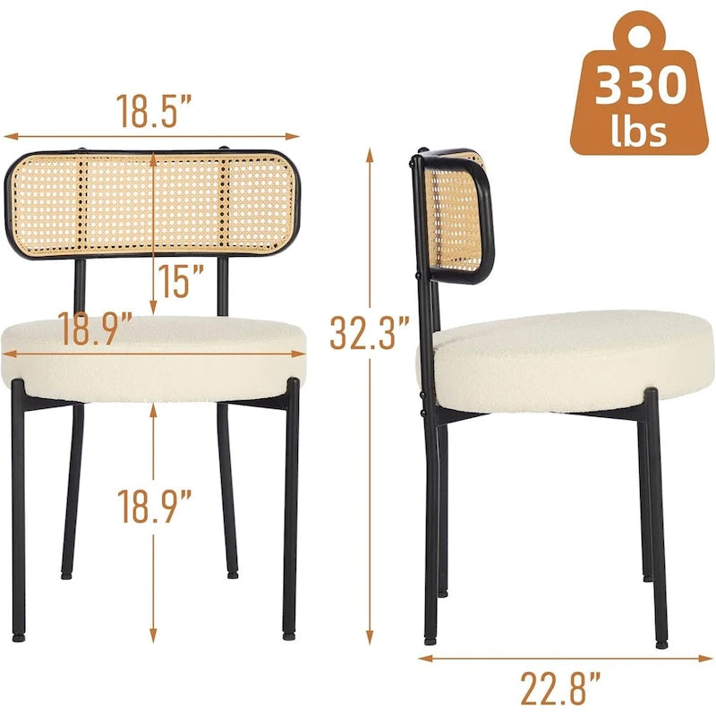 Chaises de salle à manger modernes du milieu du siècle, chaise d'appoint en métal recouverte de bouclette avec dossier en rotin cannage, lot de 2