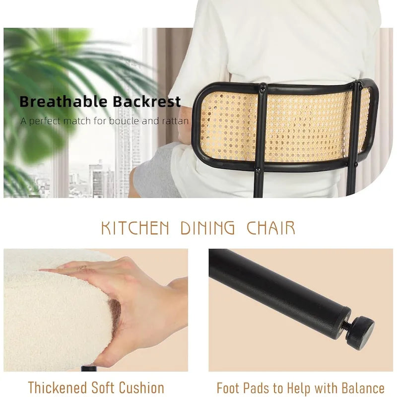 Chaises de salle à manger modernes du milieu du siècle, chaise d'appoint en métal recouverte de bouclette avec dossier en rotin cannage, lot de 2