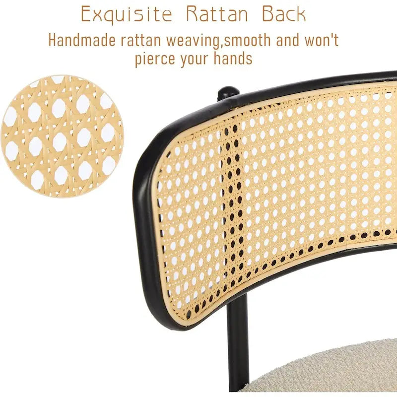 Chaises de salle à manger modernes du milieu du siècle, chaise d'appoint en métal recouverte de bouclette avec dossier en rotin cannage, lot de 2