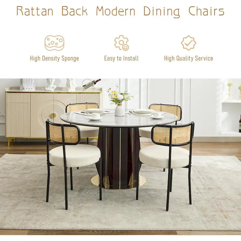 Chaises de salle à manger modernes du milieu du siècle, chaise d'appoint en métal recouverte de bouclette avec dossier en rotin cannage, lot de 2