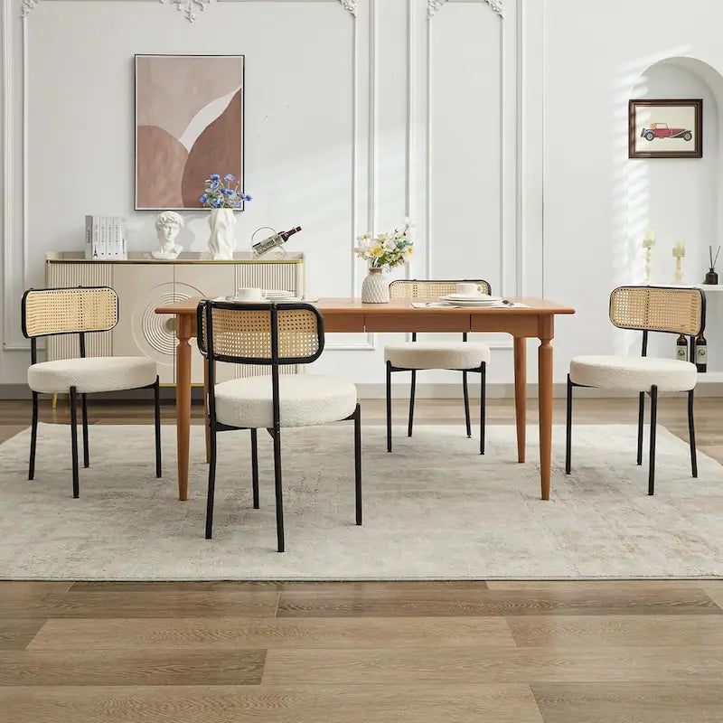 Chaises de salle à manger modernes du milieu du siècle, chaise d'appoint en métal recouverte de bouclette avec dossier en rotin cannage, lot de 2