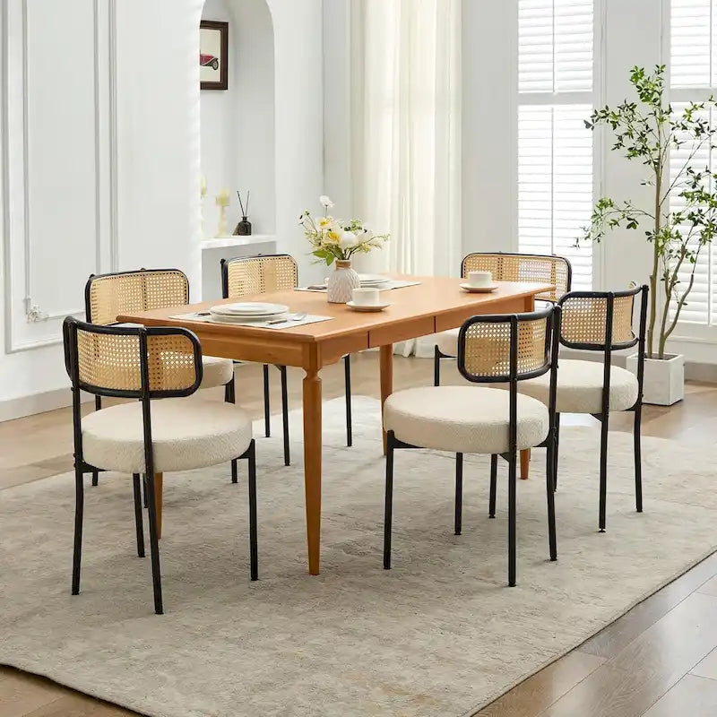 Chaises de salle à manger modernes du milieu du siècle, chaise d'appoint en métal recouverte de bouclette avec dossier en rotin cannage, lot de 2