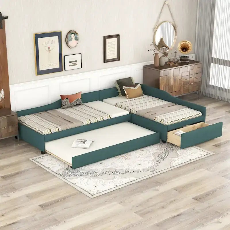 Lit de repos double avec tiroir, cadre de lit en bois, double gigogne rembourré, pas besoin de sommier tapissier pour adolescents