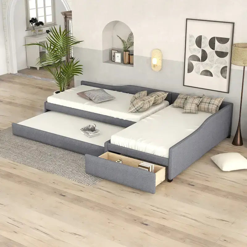 Lit de repos double avec tiroir, cadre de lit en bois, double gigogne rembourré, pas besoin de sommier tapissier pour adolescents