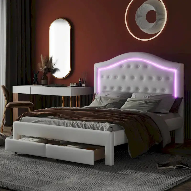 Lit plateforme capitonné avec tête de lit tuftée, LED et deux tiroirs pour chambre à coucher