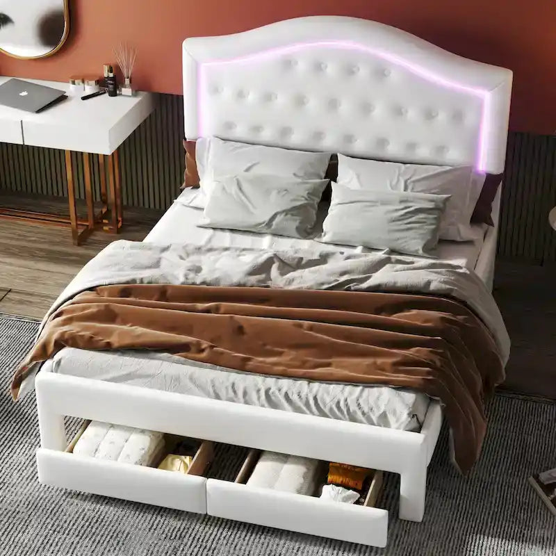 Lit plateforme capitonné avec tête de lit tuftée, LED et deux tiroirs pour chambre à coucher