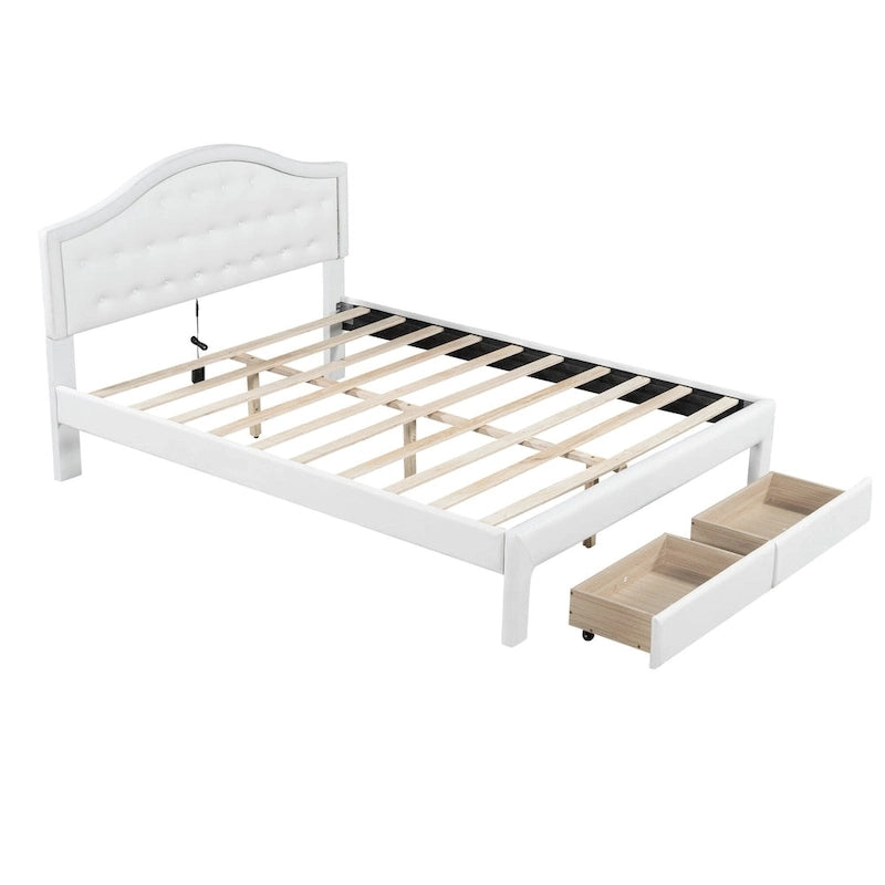 Lit plateforme capitonné avec tête de lit tuftée, LED et deux tiroirs pour chambre à coucher