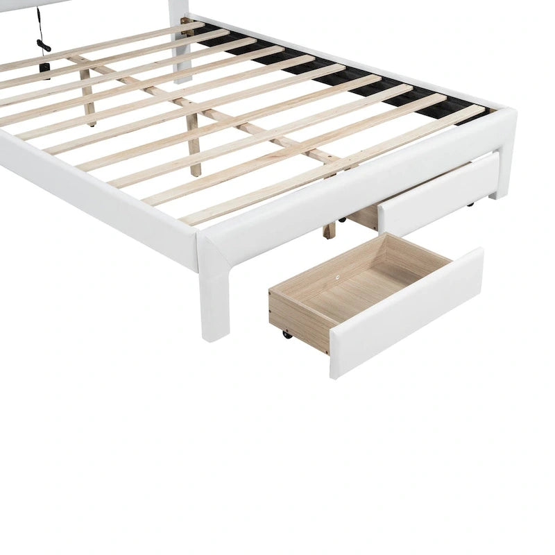 Lit plateforme capitonné avec tête de lit tuftée, LED et deux tiroirs pour chambre à coucher