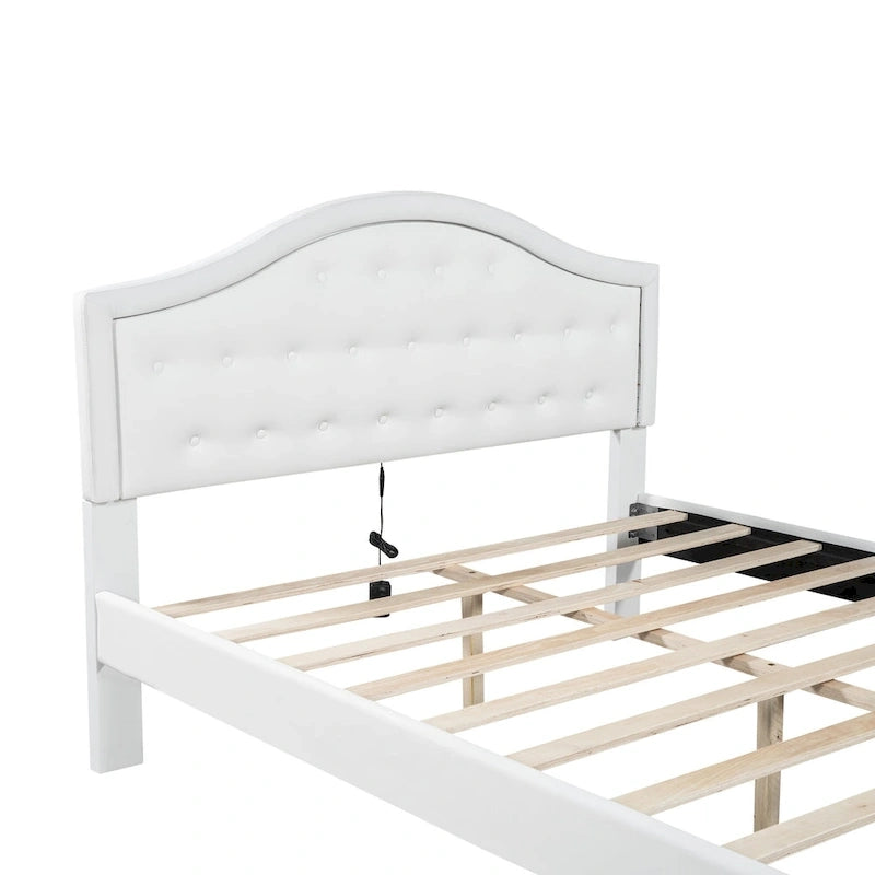 Lit plateforme capitonné avec tête de lit tuftée, LED et deux tiroirs pour chambre à coucher
