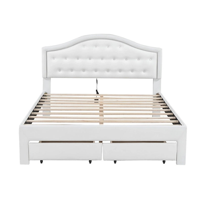 Lit plateforme capitonné avec tête de lit tuftée, LED et deux tiroirs pour chambre à coucher