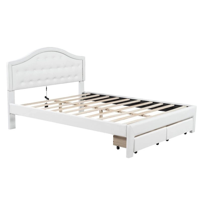 Lit plateforme capitonné avec tête de lit tuftée, LED et deux tiroirs pour chambre à coucher