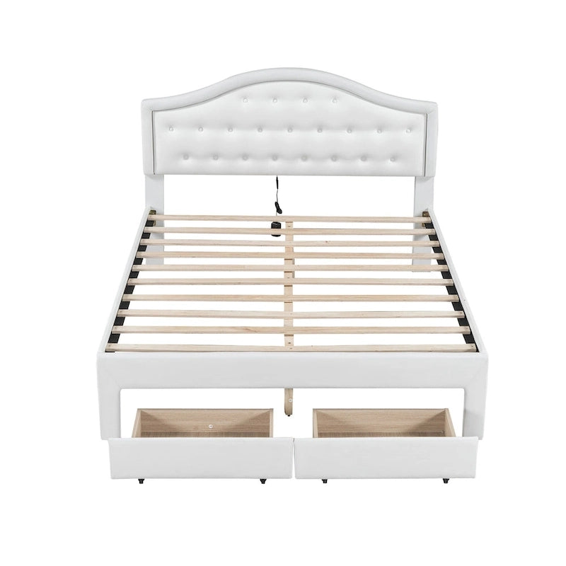 Lit plateforme capitonné avec tête de lit tuftée, LED et deux tiroirs pour chambre à coucher