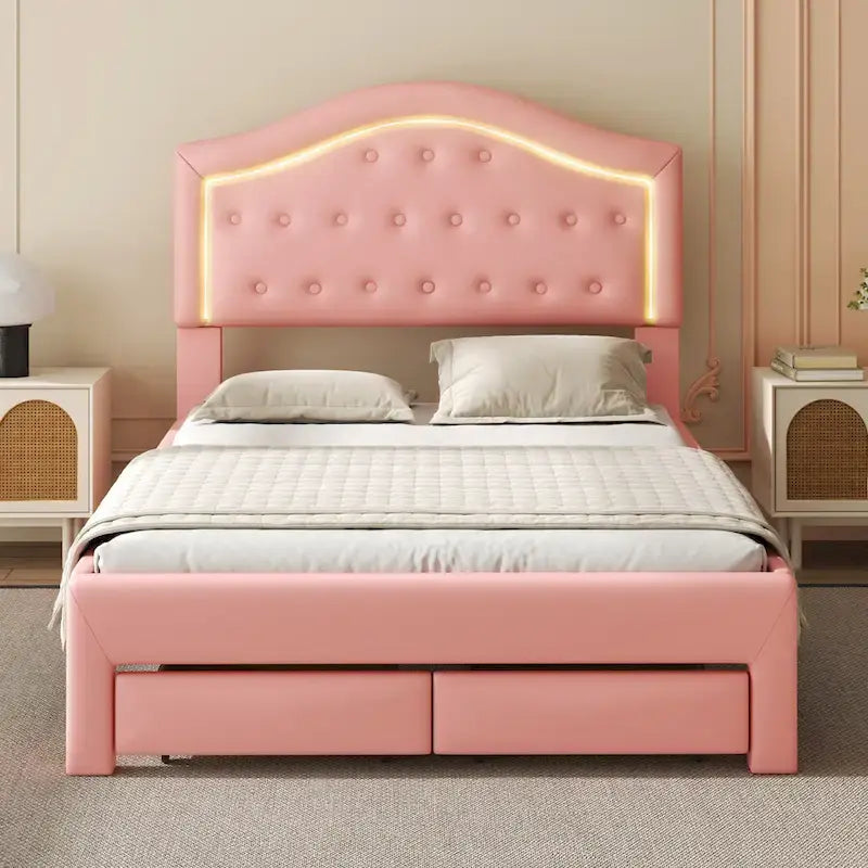 Lit plateforme capitonné avec tête de lit tuftée, LED et deux tiroirs pour chambre à coucher