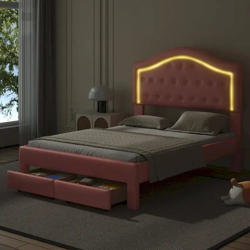 Lit plateforme capitonné avec tête de lit tuftée, LED et deux tiroirs pour chambre à coucher