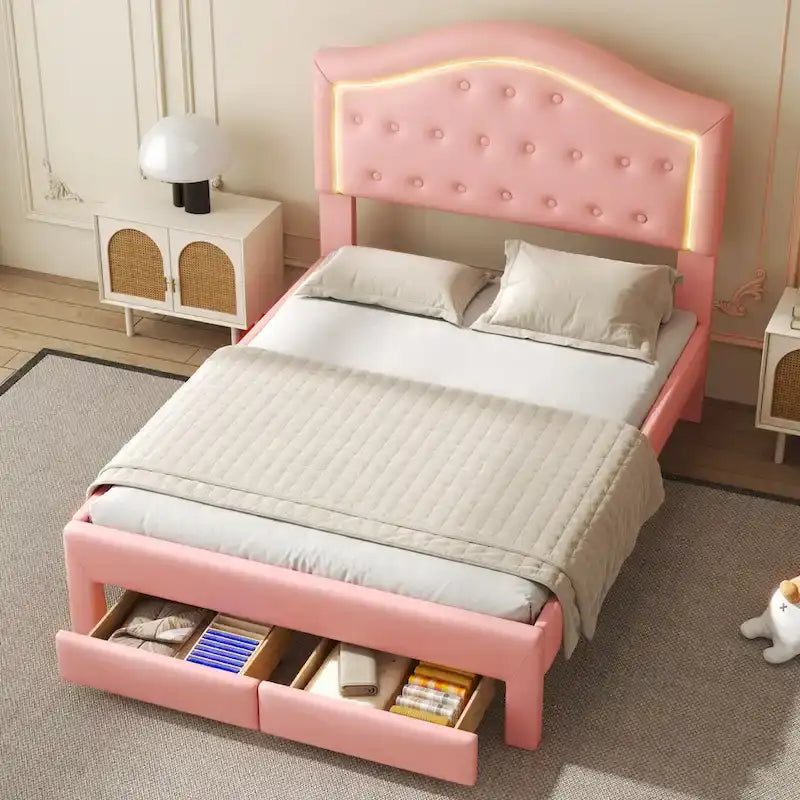 Lit plateforme capitonné avec tête de lit tuftée, LED et deux tiroirs pour chambre à coucher